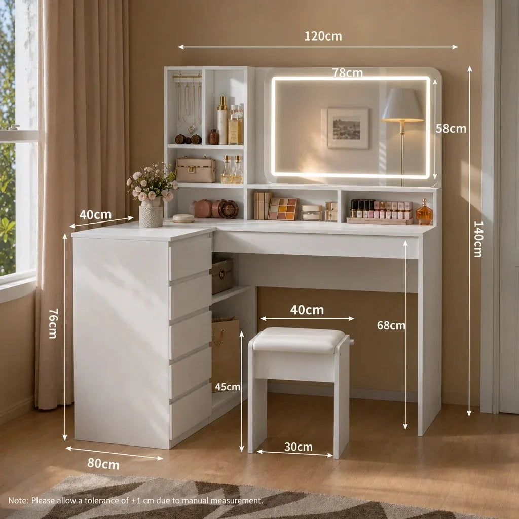Corner Dressing Table with Mirror - White, 120 x 80cm