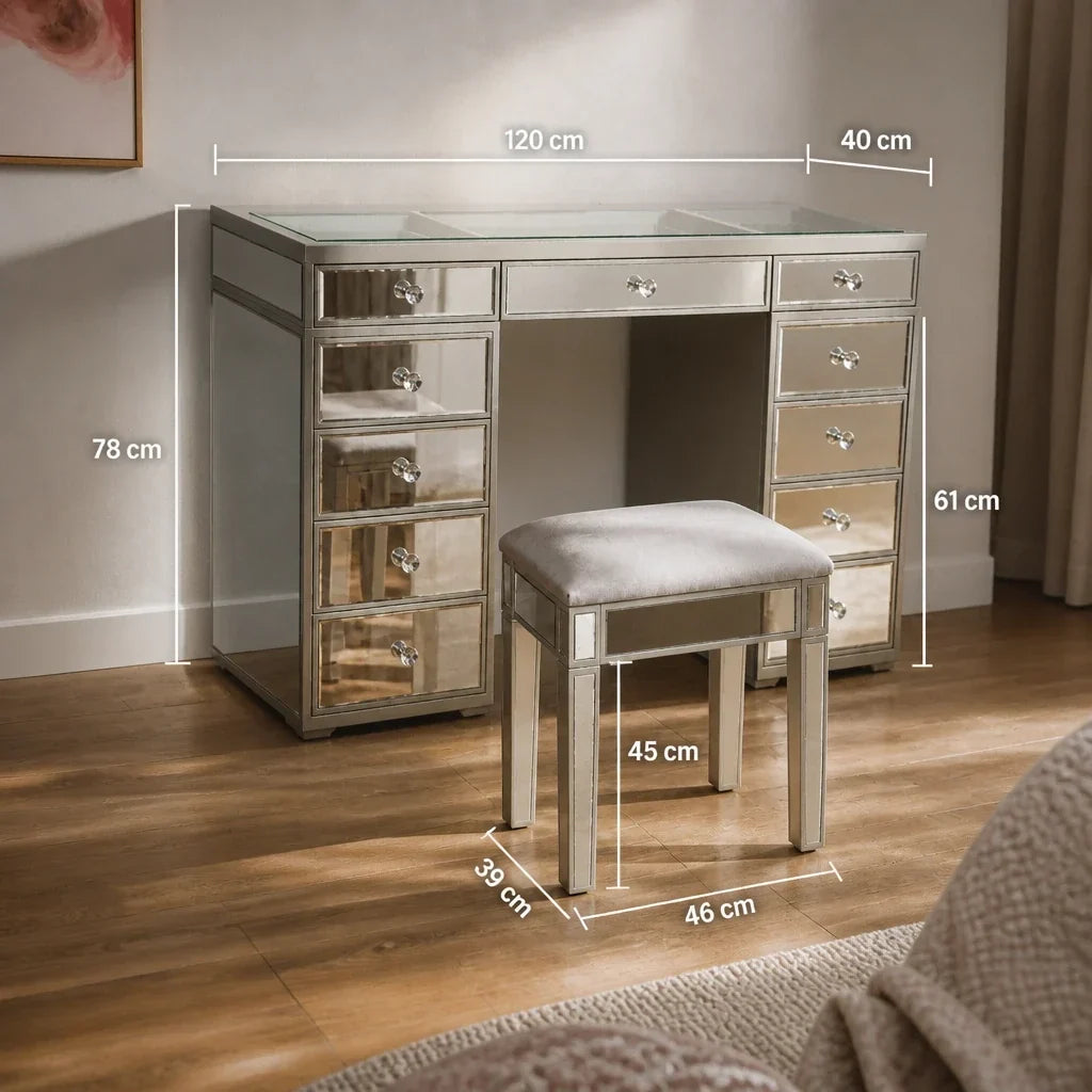 Mirrored Dressing Table with Drawers - Glass Top