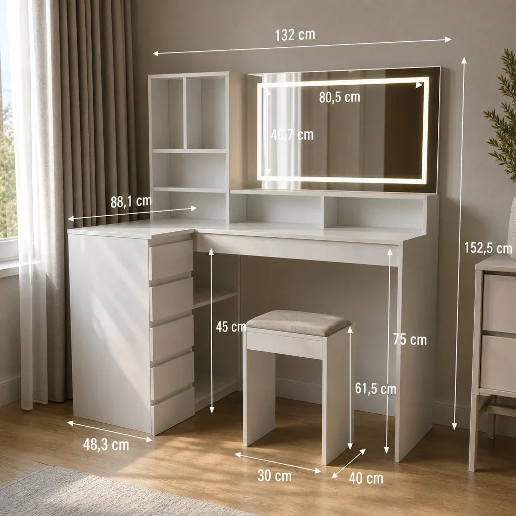 Corner Dressing Table with Mirror and Drawers - White