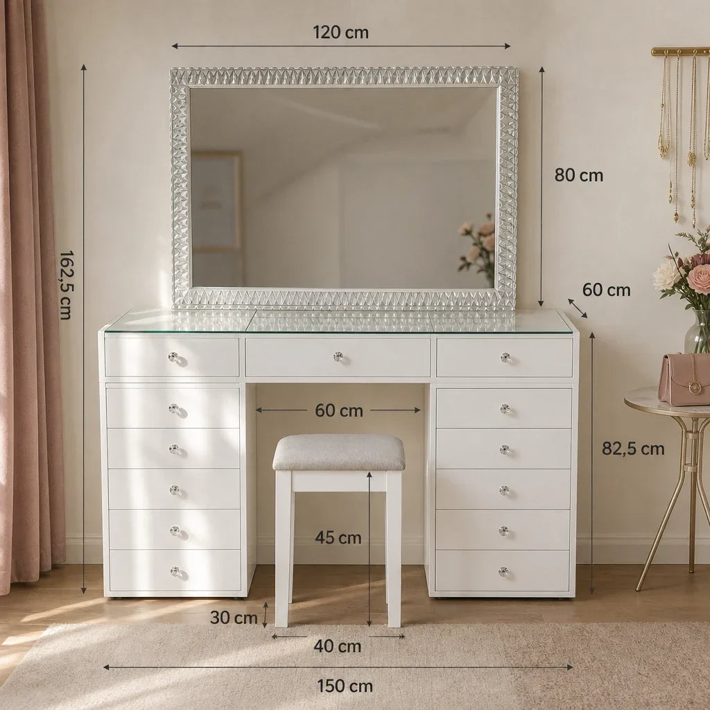 Dressing Table with Mirror 120x80 - White, 150cm
