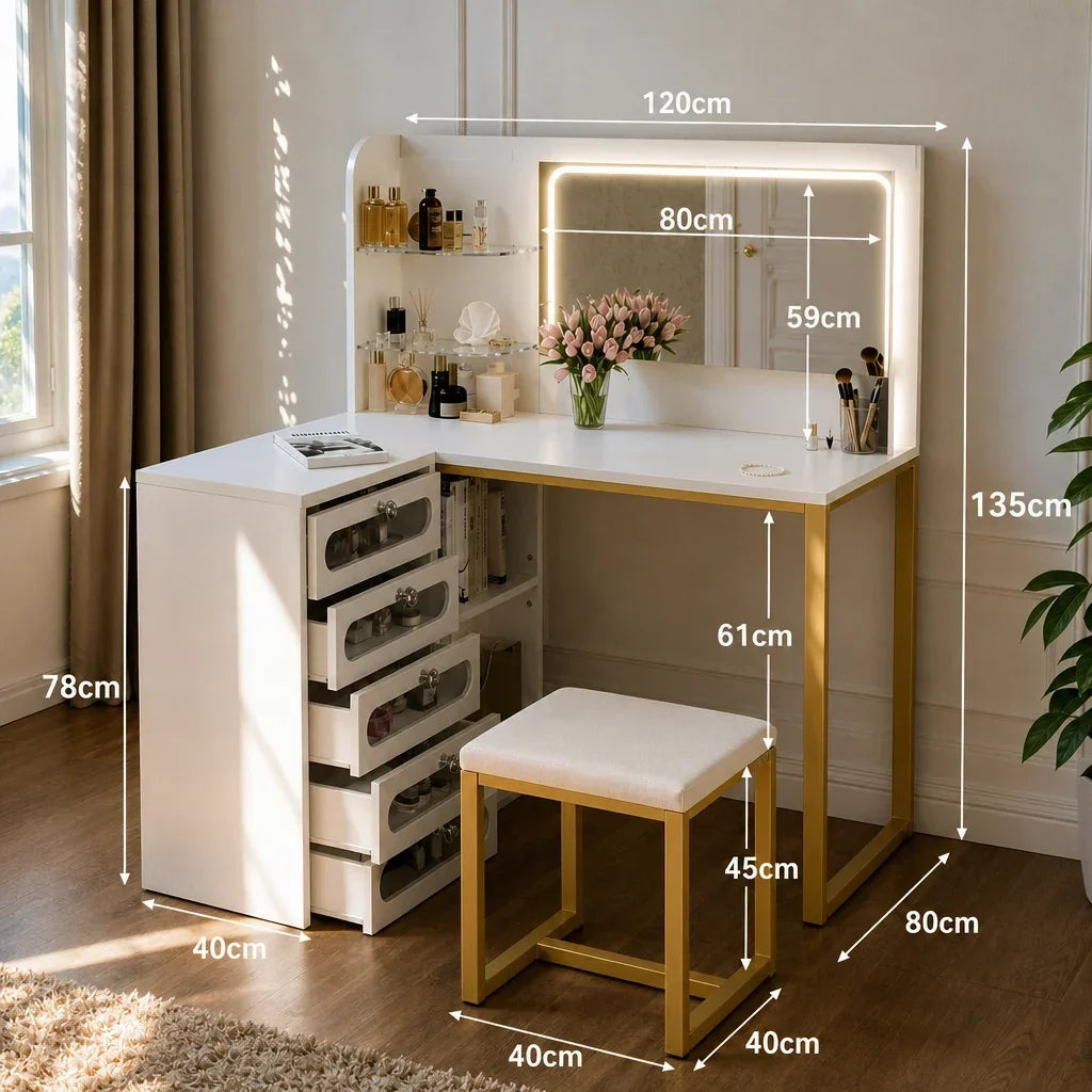 Corner Dressing Table with Mirror - Gold Legs, 5 Drawers