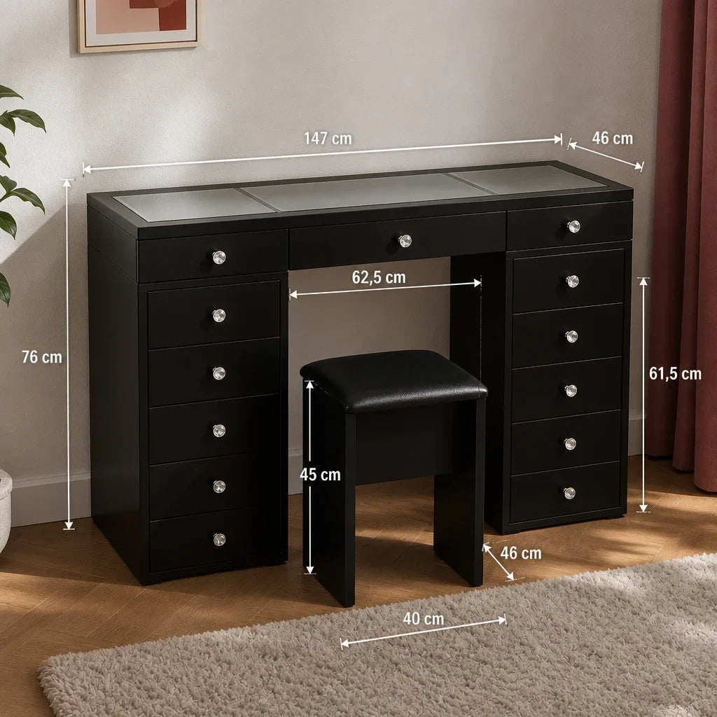 Dressing Table with Drawers - Black, Glass Top