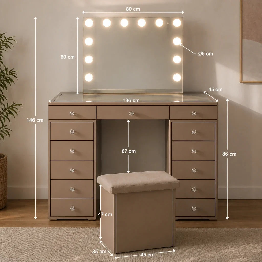 Dressing Table with Mirror and Drawers - Champagne Gold