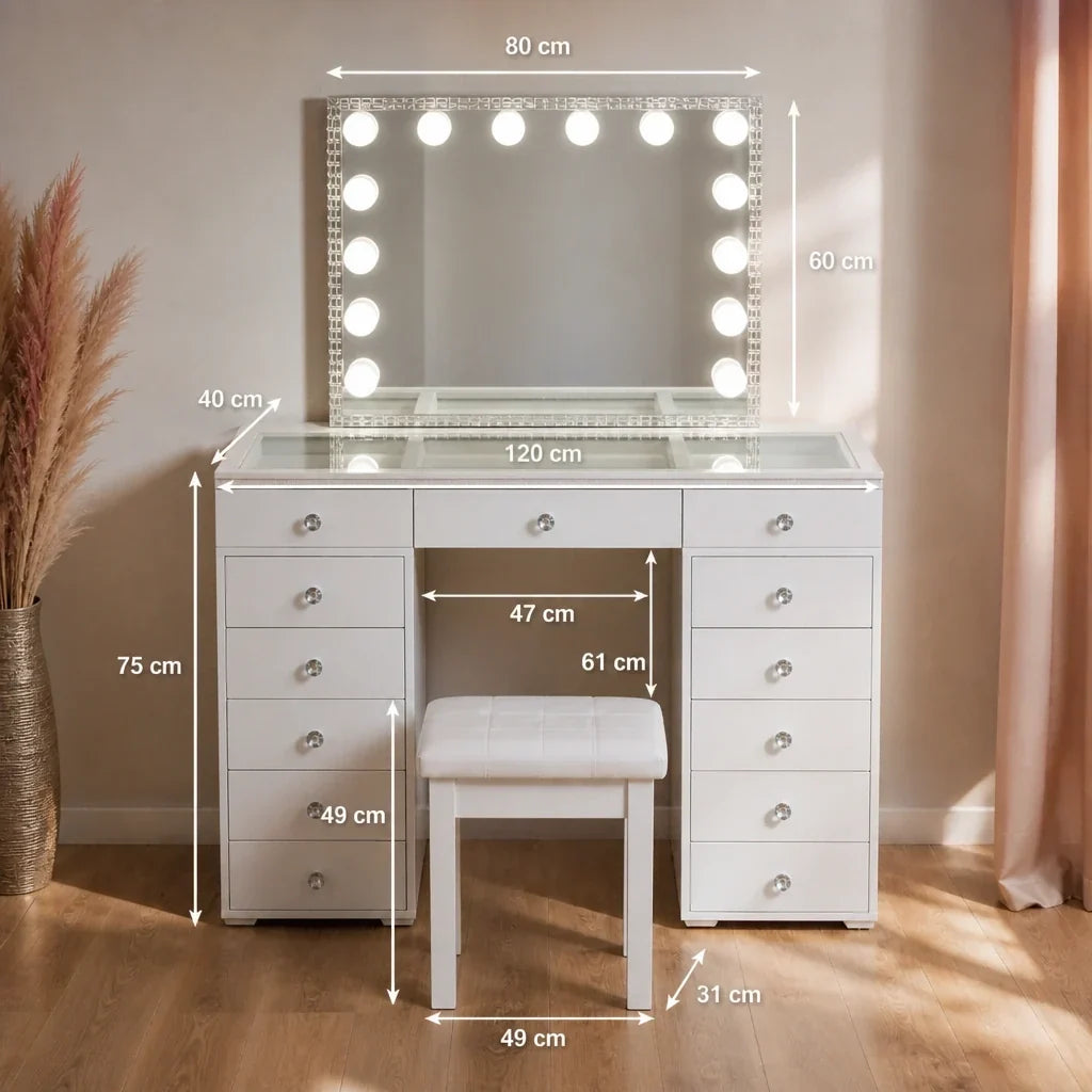 Dressing Table with Mirror and Drawers - White, Crystal