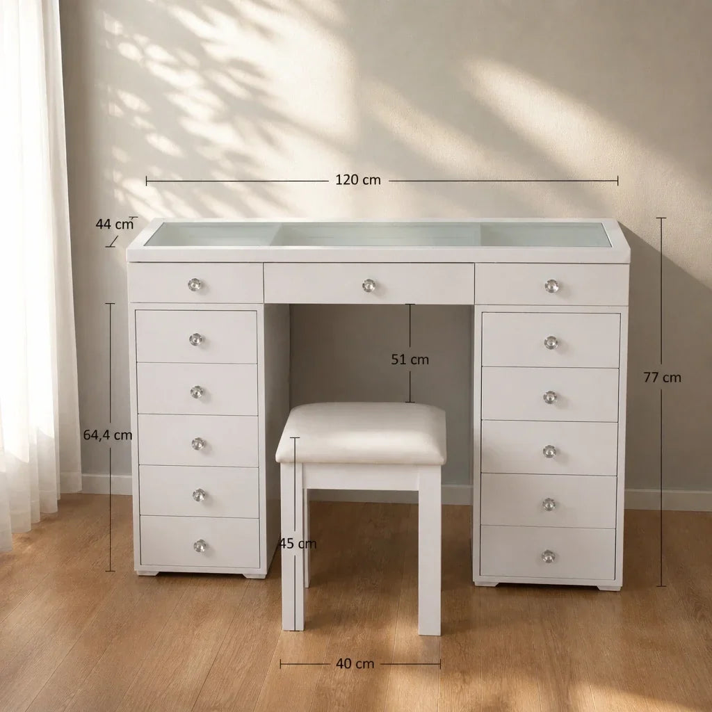 Dressing Table with Drawers - White, Glass Top