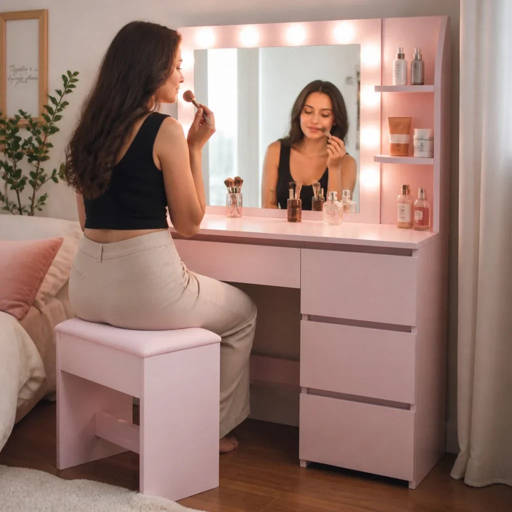 Dressing Table with Hollywood Mirror - Pink, 100cm