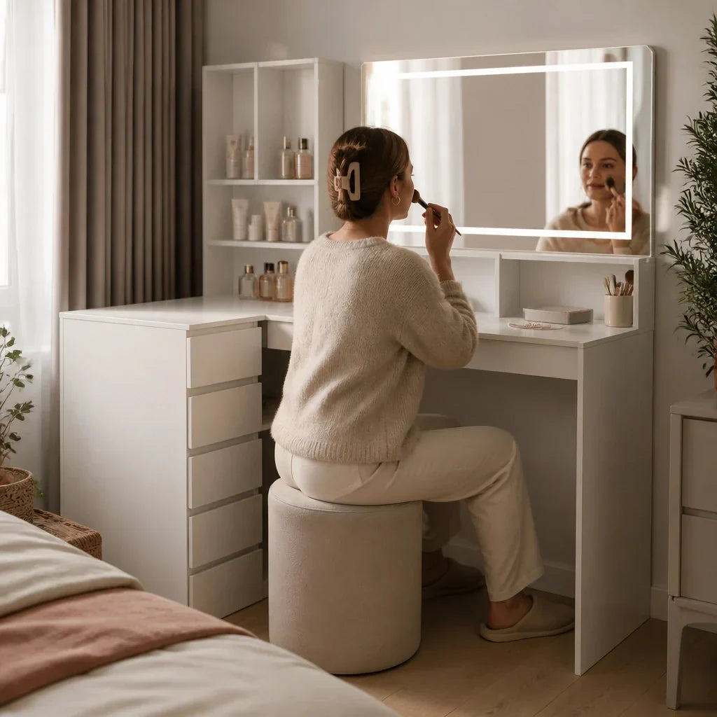 Corner Dressing Table with Mirror and Drawers - White