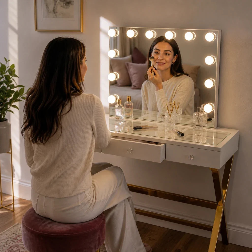 Dressing Table with Mirror - White Glass Top, Gold Legs