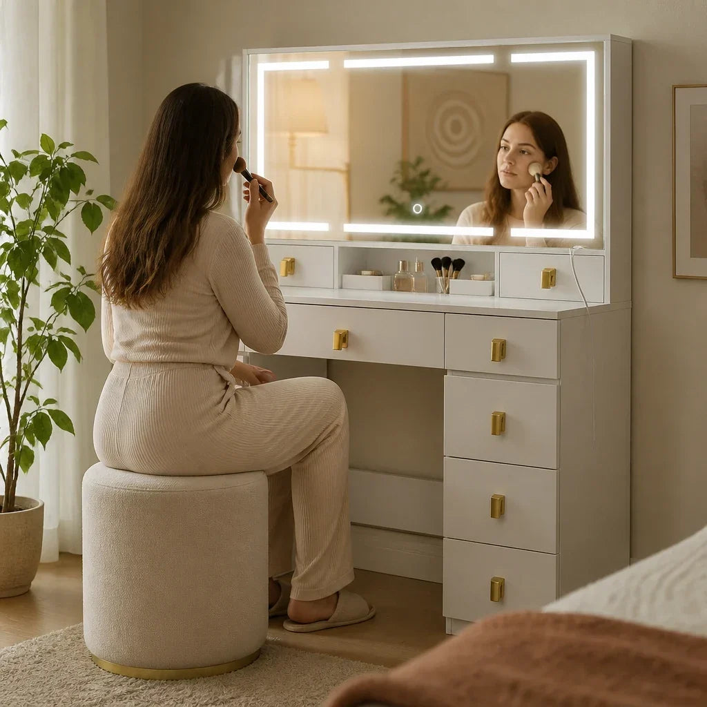 Dressing Table with Mirror and Gold Handles - White, 108cm