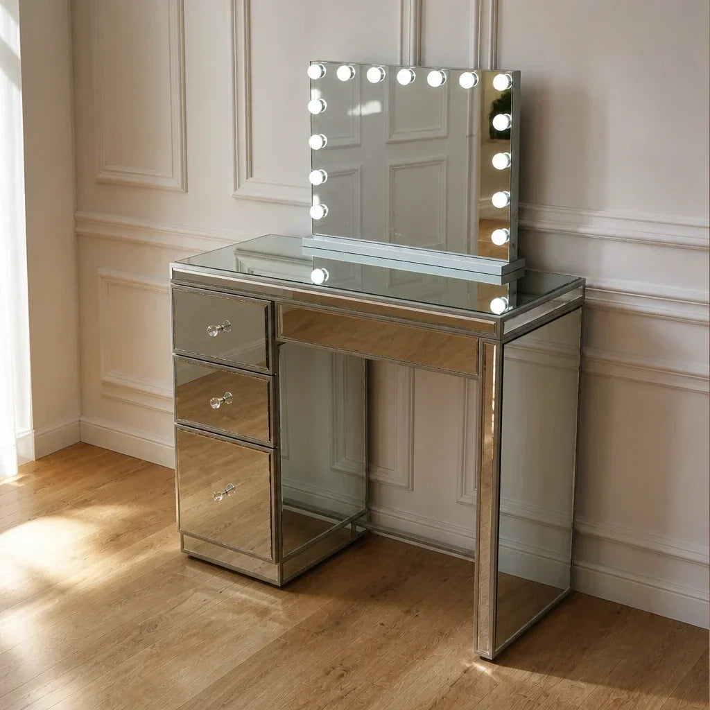 Small Dressing Table with Mirror and 3 Drawers - Mirrored