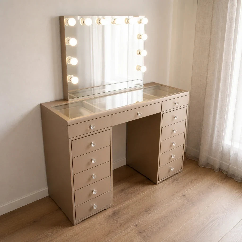 Dressing Table with Mirror and Drawers - Champagne Gold
