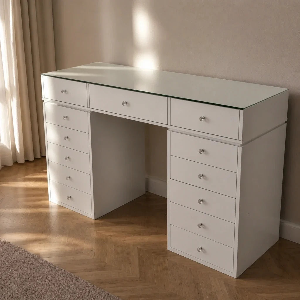 Glass Top Dressing Table with 13 Drawers - White, 150cm