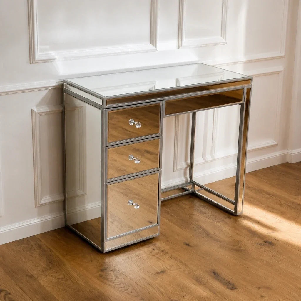 Mirrored Dressing Table with 3 Drawers - Diamond Knobs