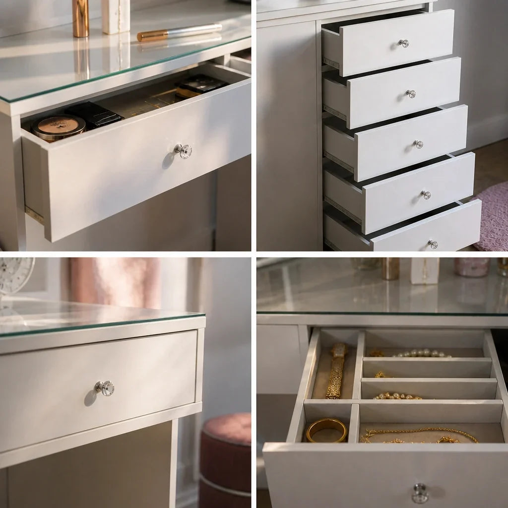 Glass Top Dressing Table with 7 Drawers - White, 120cm