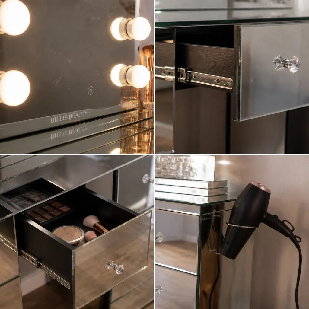 Dressing Table with Mirror and 7 Drawers - Mirrored