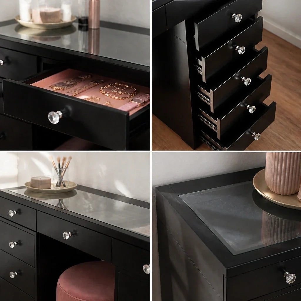 Dressing Table with Drawers - Black, Glass Top
