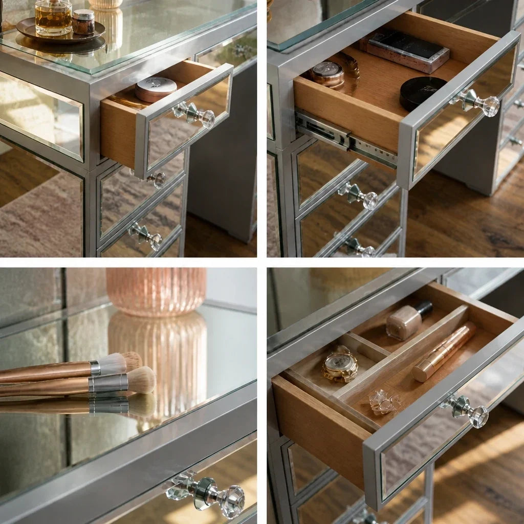 Mirrored Dressing Table with Drawers - Glass Top