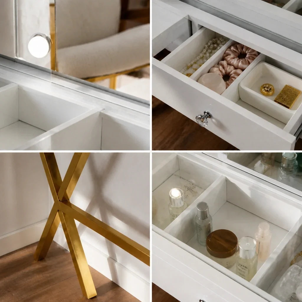 Dressing Table with Mirror - White Glass Top, Gold Legs