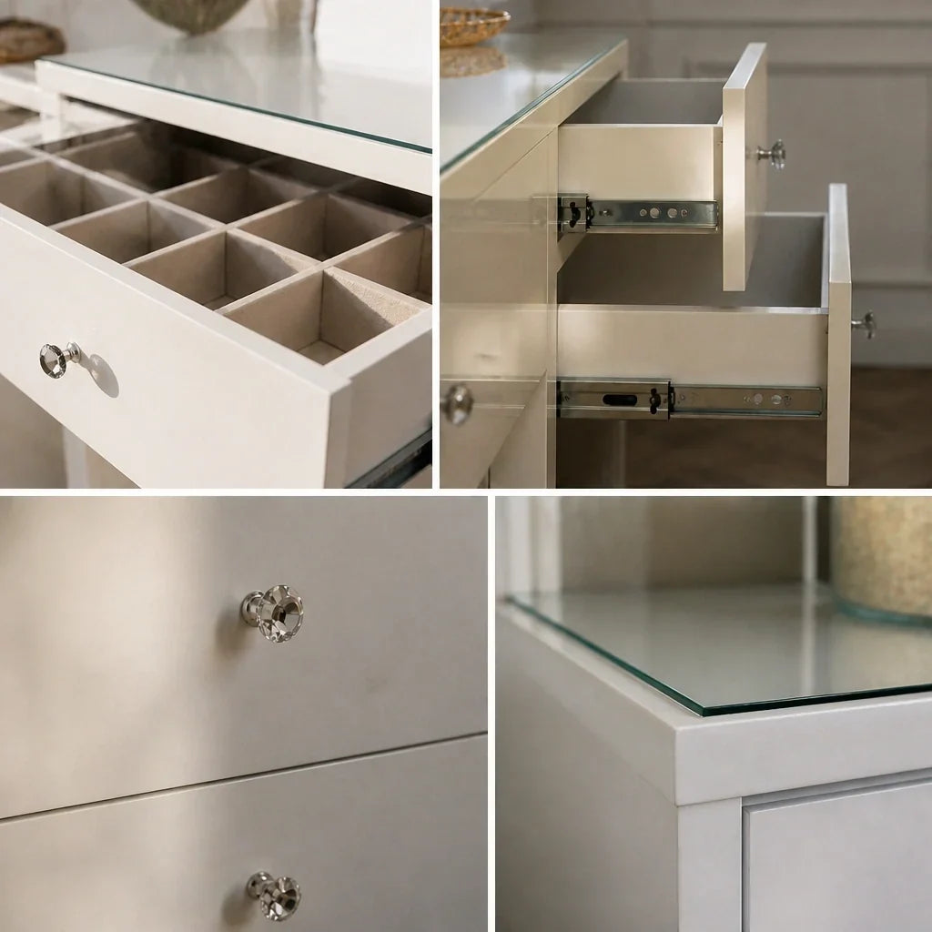 Glass Top Dressing Table with 13 Drawers - White, 150cm