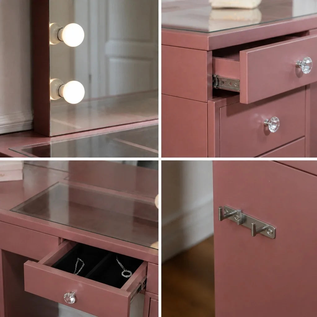 Dressing Table with Mirror and Drawers - Rose Gold