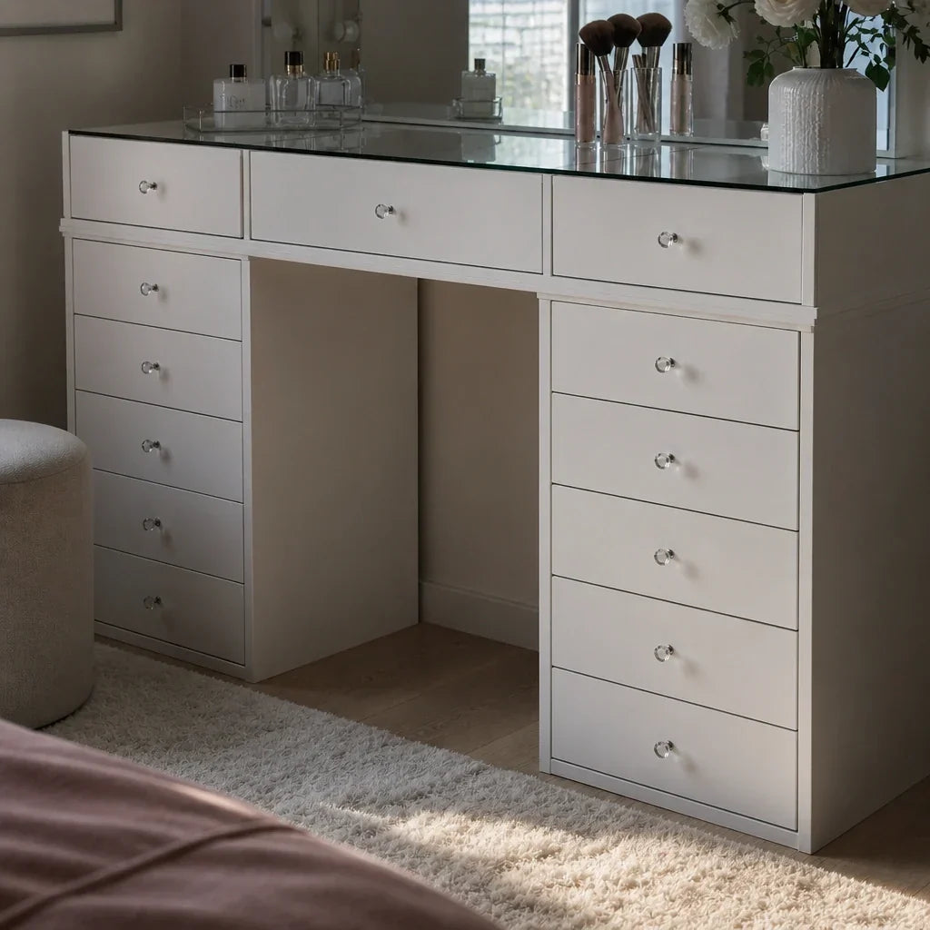 Glass Top Dressing Table with 13 Drawers - White, 150cm