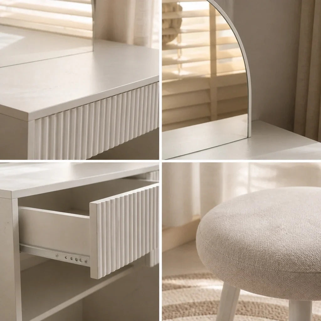 Small Dressing Table with Mirror - Cream White, 90cm