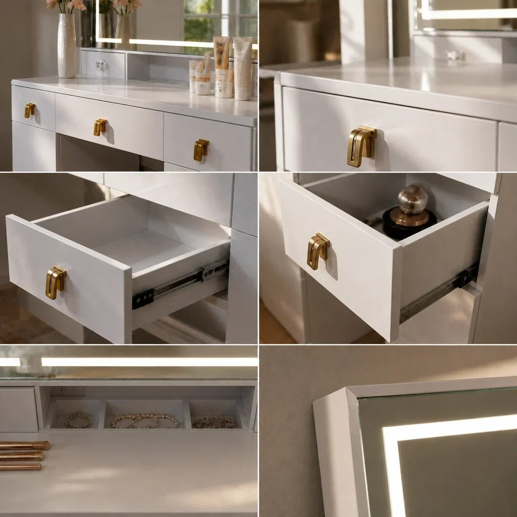 Dressing Table with Mirror and Gold Handles - White, 108cm