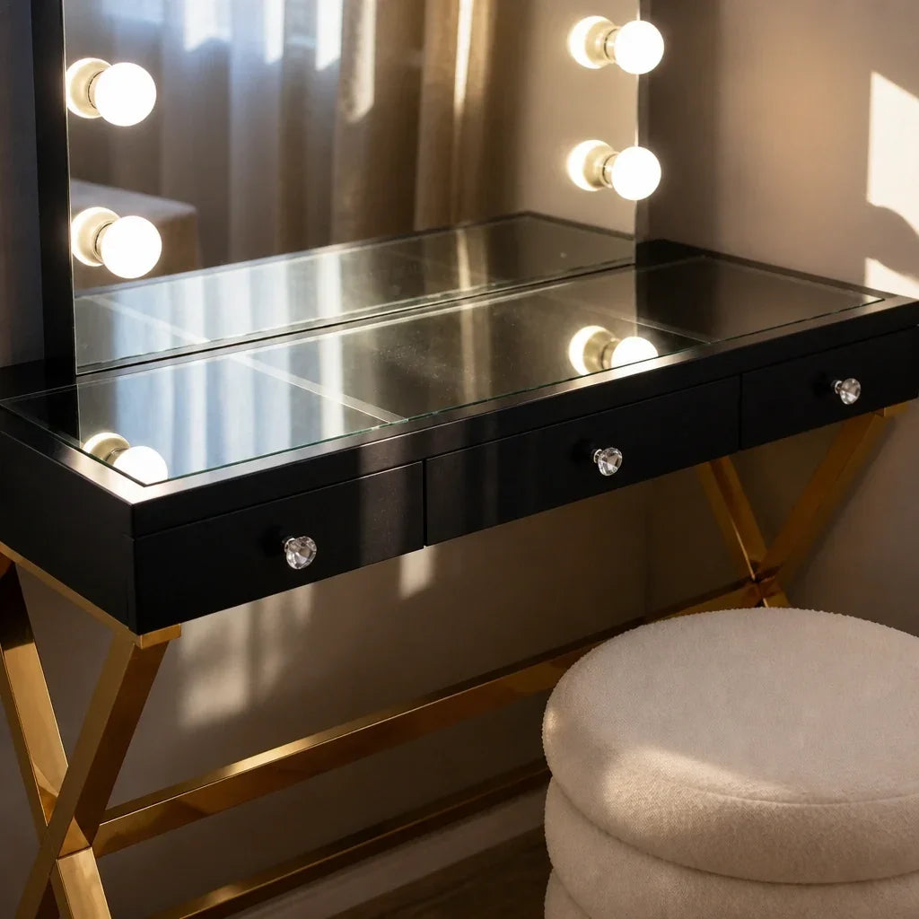 Dressing Table with Mirror - Black Glass Top, Gold Legs