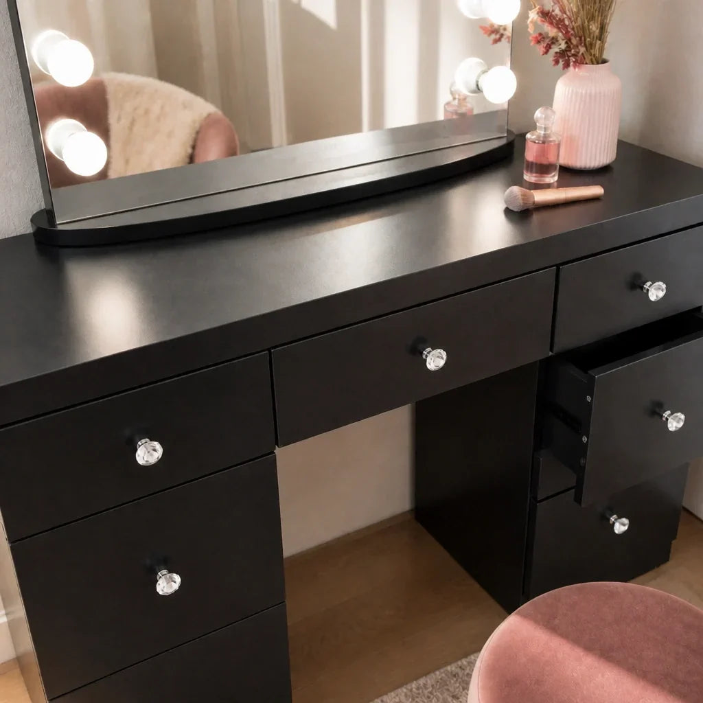 Dressing Table with Mirror and 7 Drawers - Black