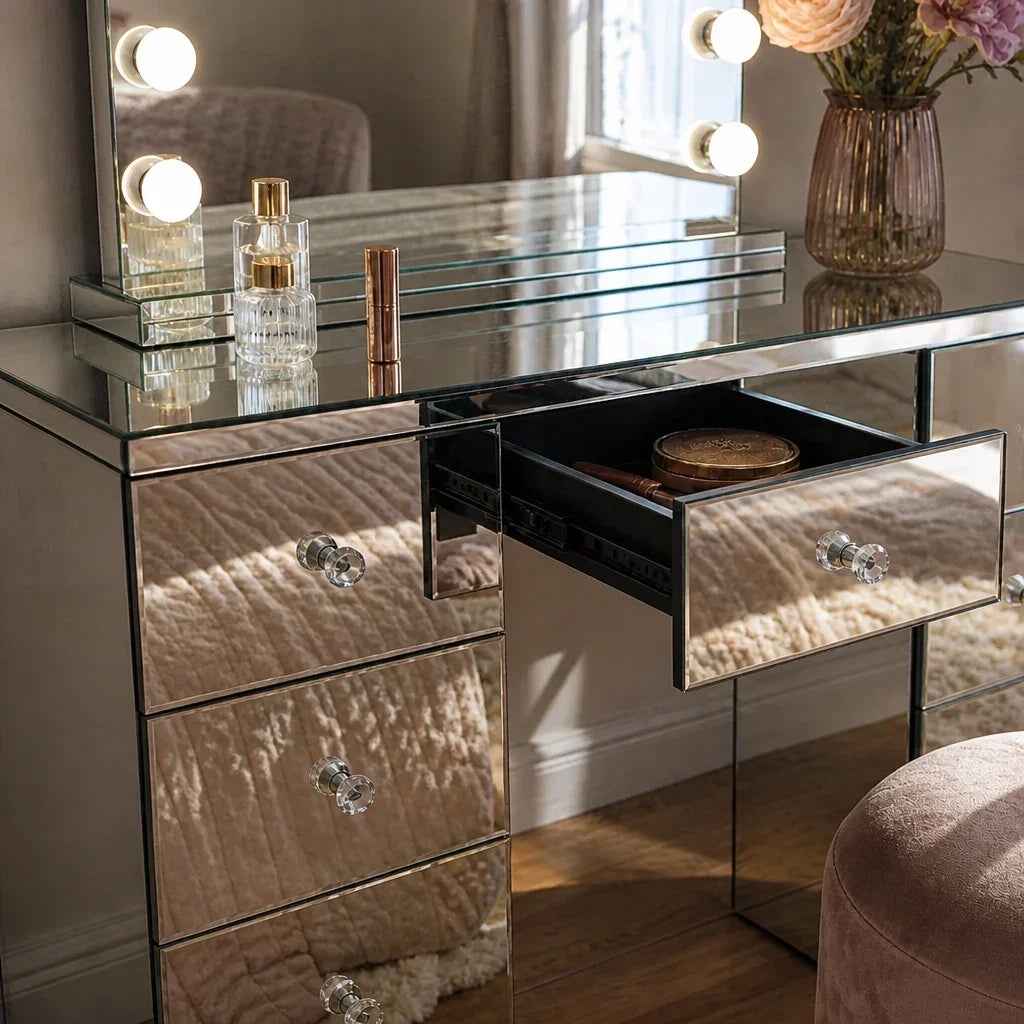 Dressing Table with Mirror and 7 Drawers - Mirrored