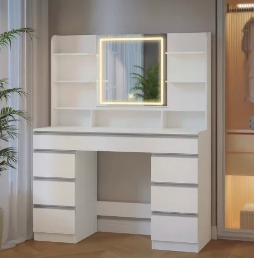 Dressing Table with Mirror and 7 Drawers - White, 108cm
