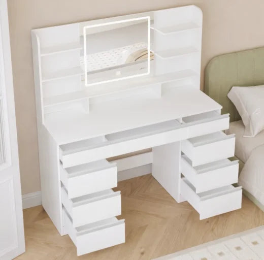 Dressing Table with Mirror and 7 Drawers - White, 108cm