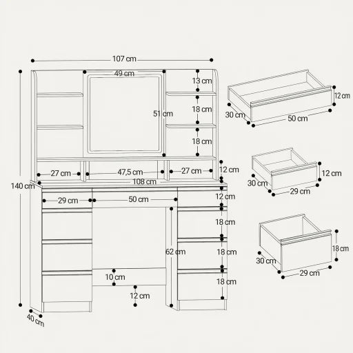 Dressing Table with Mirror and 7 Drawers - White, 108cm