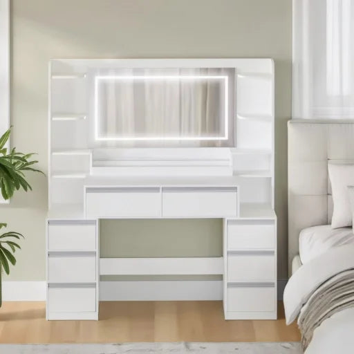Dressing Table with Mirror and 8 Drawers - White, 135cm