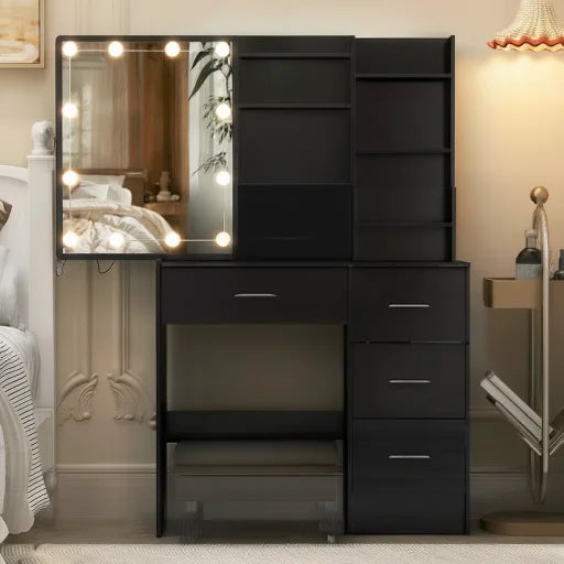 Dressing Table with Hollywood Mirror and Drawers - Black