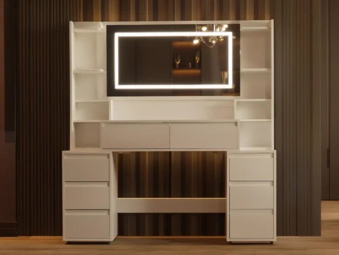 Dressing Table with Mirror and 8 Drawers - White, 135cm