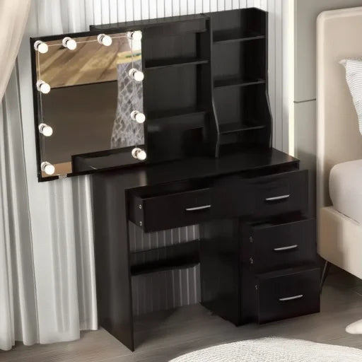 Dressing Table with Hollywood Mirror and Drawers - Black