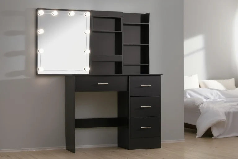 Dressing Table with Hollywood Mirror and Drawers - Black
