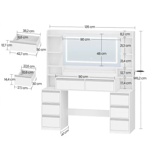 Dressing Table with Mirror and 8 Drawers - White, 135cm