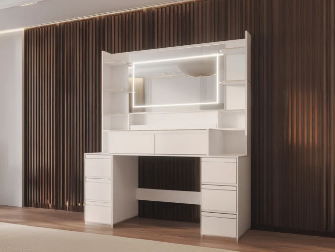 Dressing Table with Mirror and 8 Drawers - White, 135cm