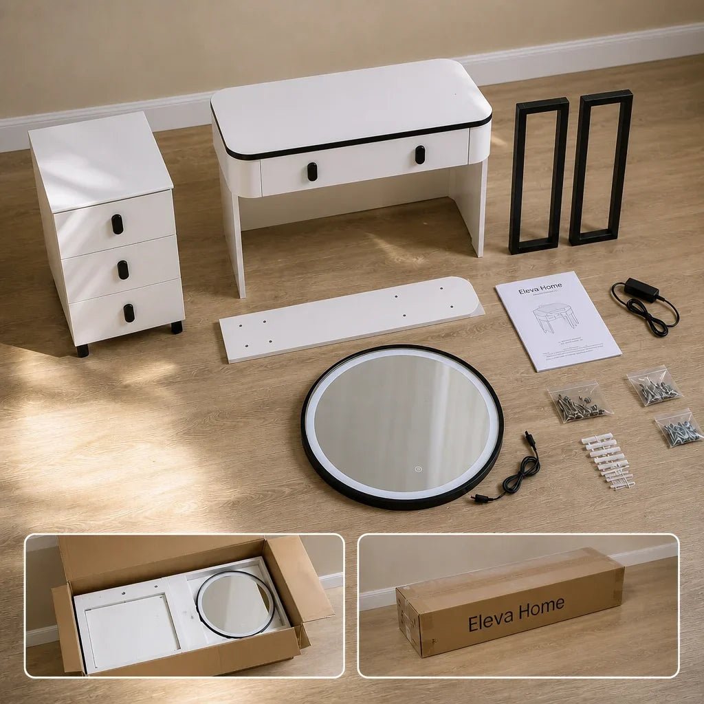 Dressing Table with Mirror - White and Black, 120cm