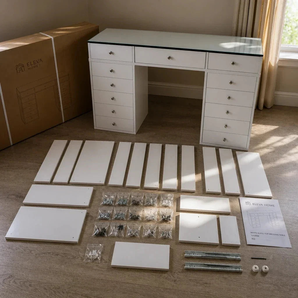 Glass Top Dressing Table with 13 Drawers - White, 150cm