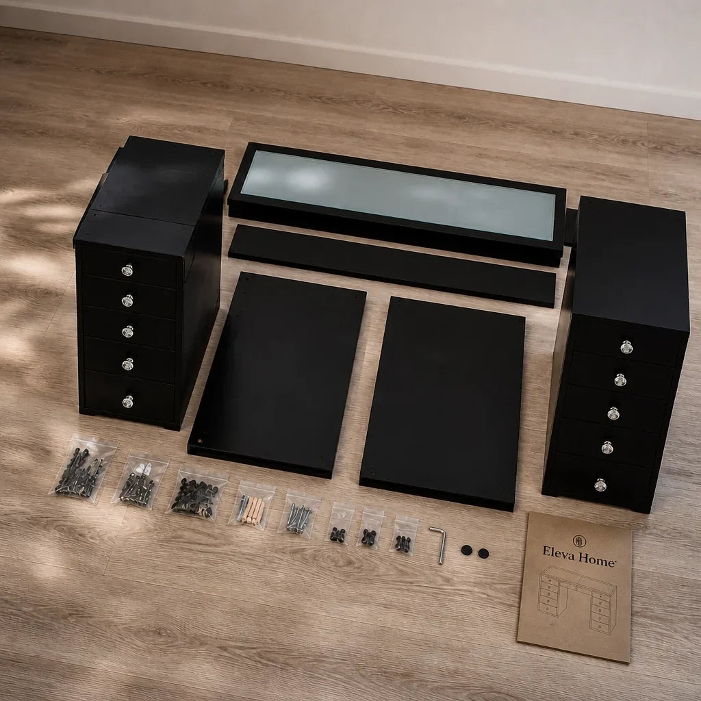 Dressing Table with Drawers - Black, Glass Top