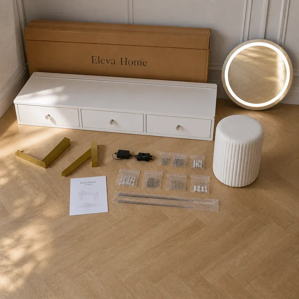Dressing Table with Wall Mirror - White and Gold, 120cm