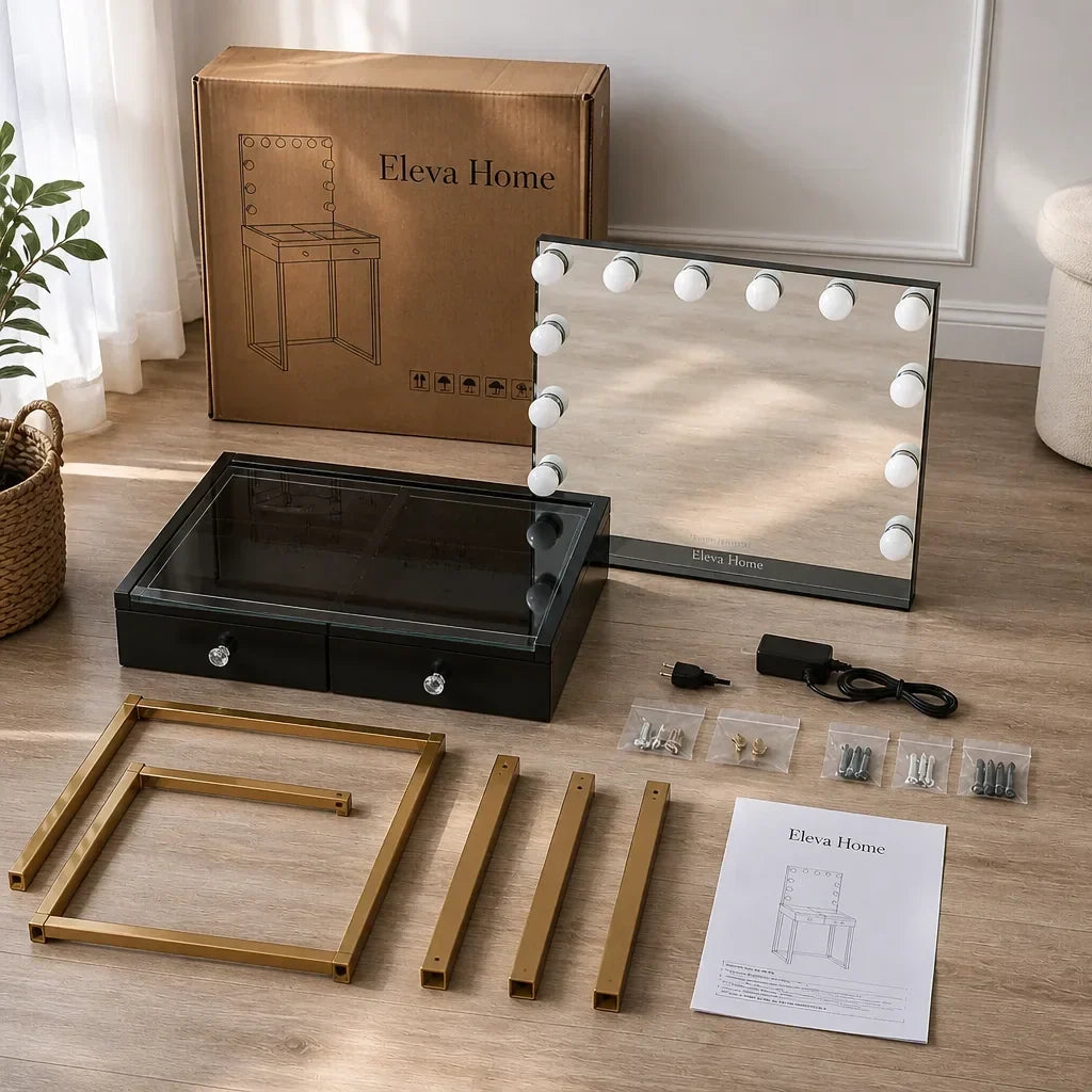 Small Dressing Table with Mirror - Black, Gold Legs