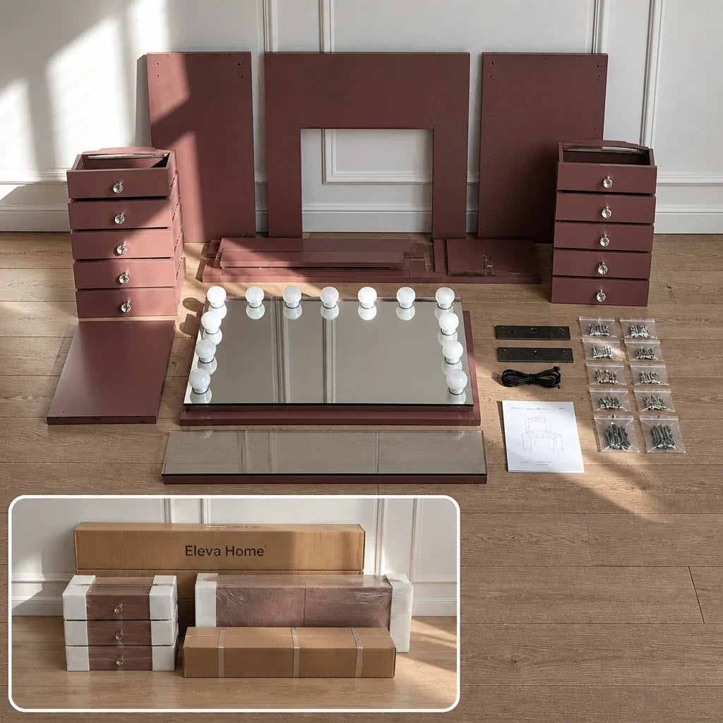Dressing Table with Mirror and Drawers - Rose Gold