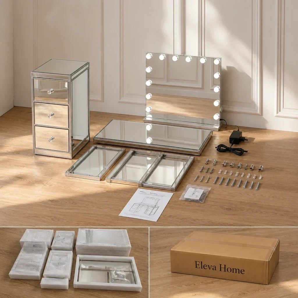 Small Dressing Table with Mirror and 3 Drawers - Mirrored