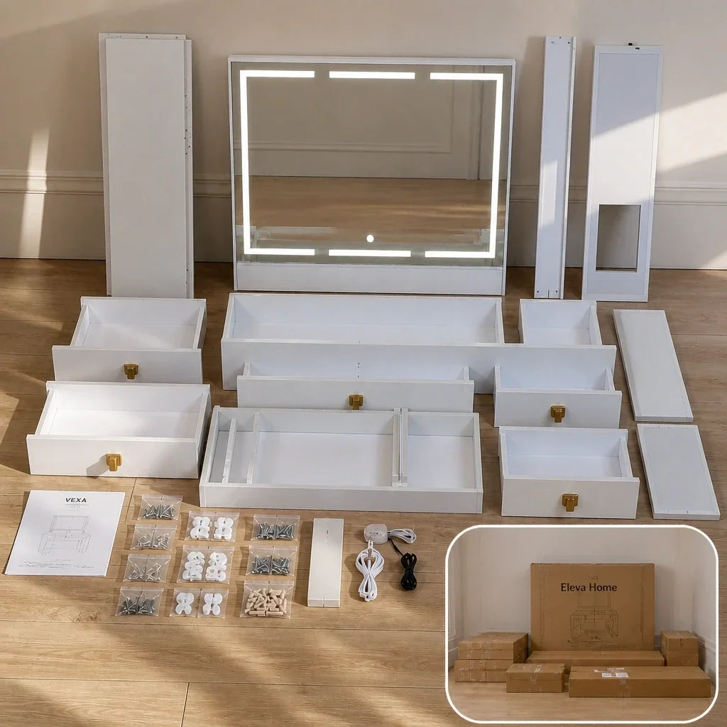 Dressing Table with Mirror and Gold Handles - White, 108cm