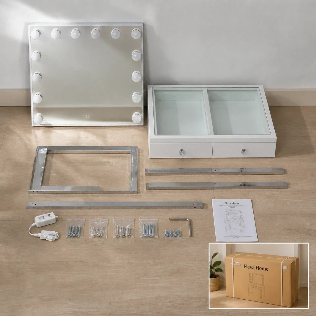 Small Dressing Table with Mirror - White, Chrome Legs