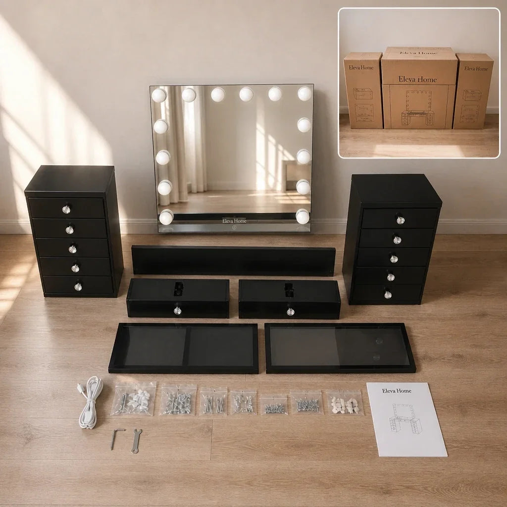 Dressing Table with Mirror and Drawers - Black
